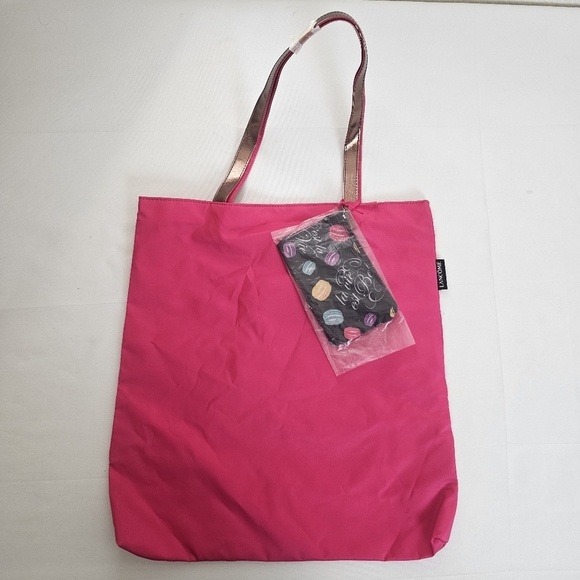 Lancome Hot Pink Nylon Tote Bag With Bronze Straps + Bonus Mini Pouch - Picture 2 of 7